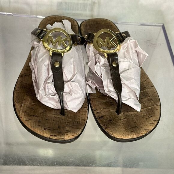Michael Kors Dark Brown Sandals with Gold Emblem size 9.5 - Picture 1 of 6